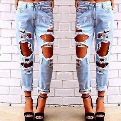 2020 Fashion Womens Destroyed Jeans Ripped Distressed Denim Pants.