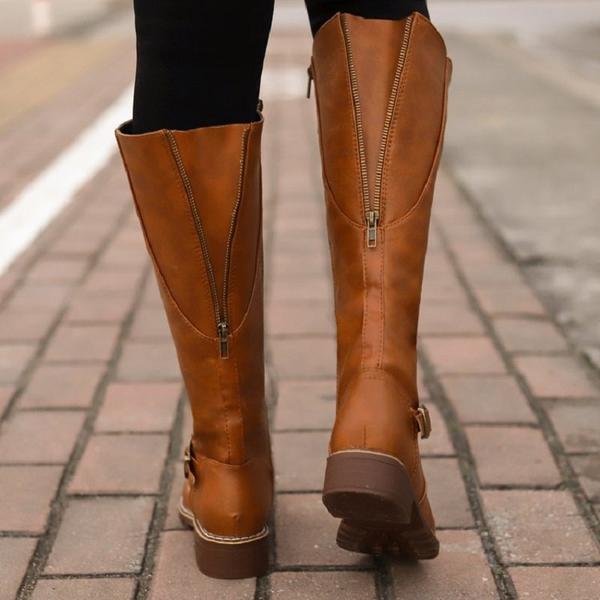Winter Ladies Vintage Leather Buckle Zip Riding Boots - Kaa