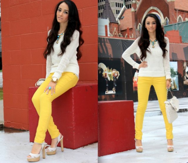 vit stickad tröja gul skinny jeans