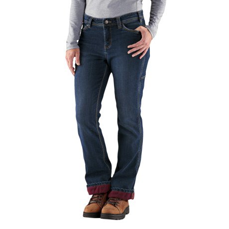 grå långärmad T-shirt med blå, lätt utsvängda jeans med flanellfoder