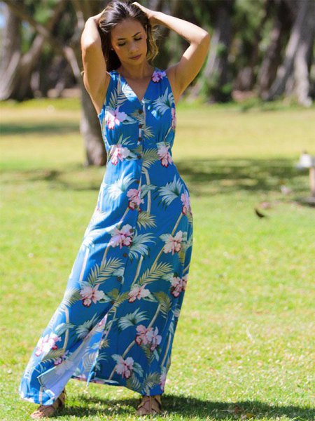 kricka, blå och vit blommig klänning och ärmlös klänning i hawaiisk stil
