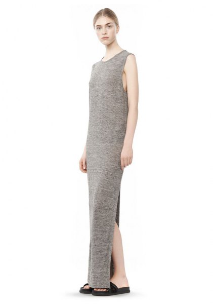 Ljusgrå ärmlös maxi jersey stickad klänning med hög tonhöjd