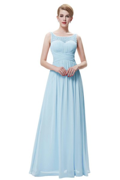 Fit och flare chiffong ljusblå ärmlös lång klänning