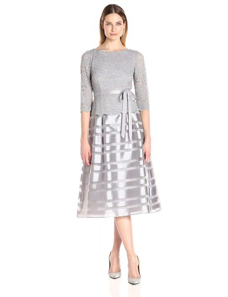 grå och silver, medellång klänning med passform och flare