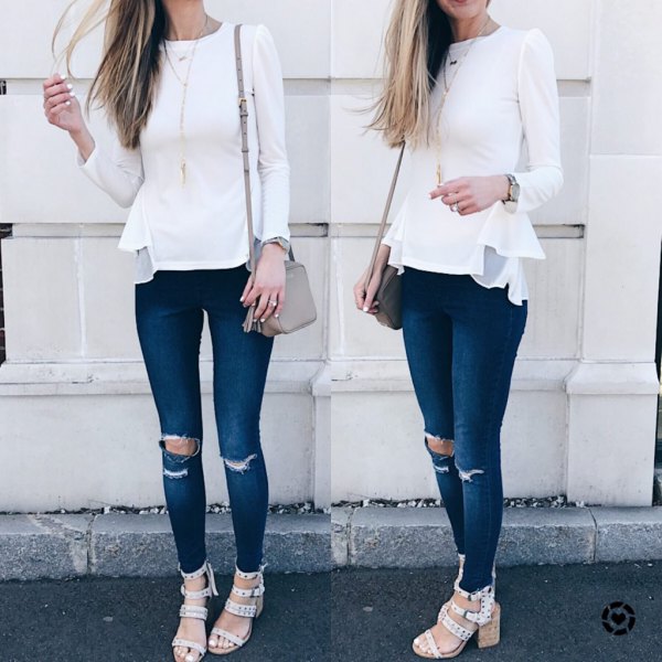 vita långärmade peplum-jeans