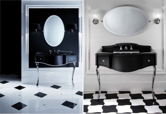 Eleganta möbler för svartvitt badrum av Devon & Devon.