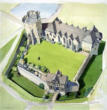 Rekonstruktionsteckning av Stokesay Castle.  Verkligen en befäst herrgård.