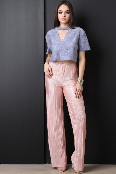 Tiffany Blue V-Neck Cropped Top Pink Pleated Palazzo Pants