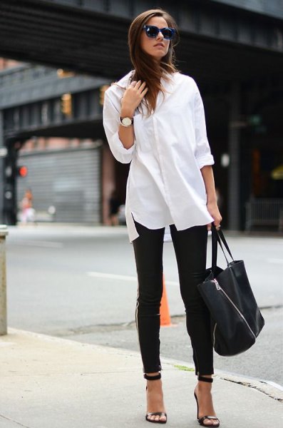 vit knapp-up skjorta läder leggings klackar